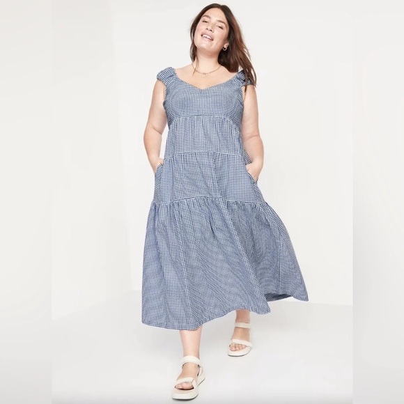 old navy • blue gingham seersucker tiered maxi dress  back tie puff cap sleeves - Picture 4 of 6